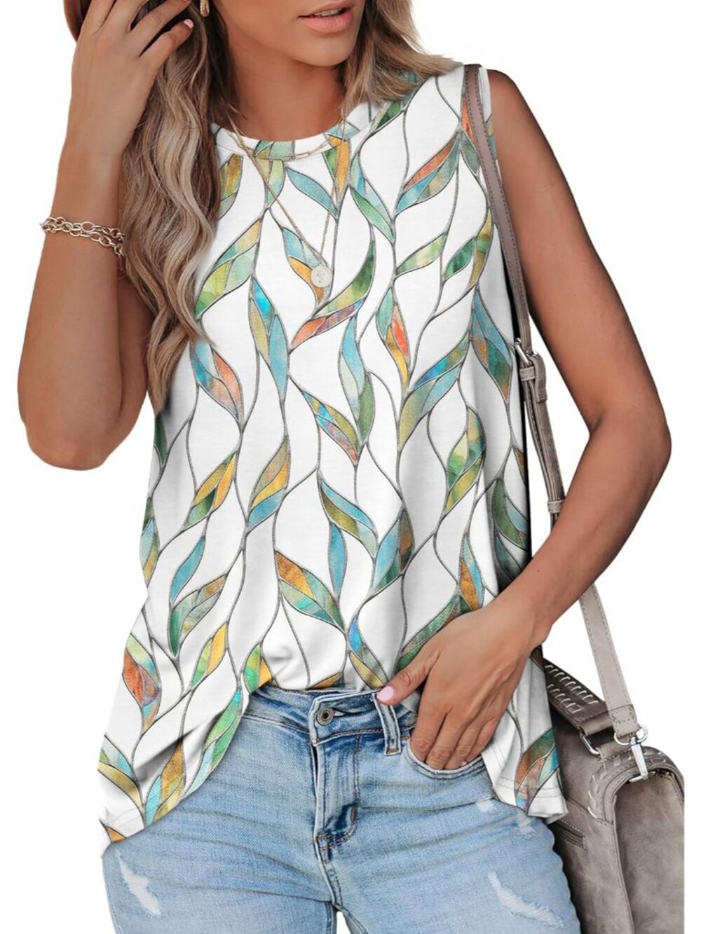 Women's Pattern Colorful High Neck Tank Loose Sleeveless Wear Summer Tunic Top - Picture 3 of 5
